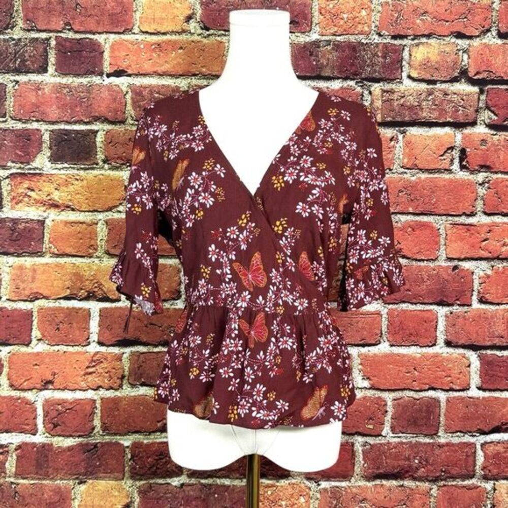 Madewell Tie Sleeve Floral Wrap Top in Butterfly Sanctuary‎ Women's Size 2